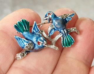 Vintage Art Deco Jewellery Enamel Marcasite Blue Birds Animal Silver Brooch Pin