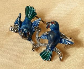 VINTAGE ART DECO JEWELLERY ENAMEL MARCASITE BLUE BIRDS ANIMAL SILVER BROOCH PIN 2