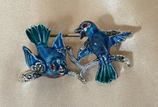VINTAGE ART DECO JEWELLERY ENAMEL MARCASITE BLUE BIRDS ANIMAL SILVER BROOCH PIN 4