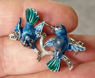 VINTAGE ART DECO JEWELLERY ENAMEL MARCASITE BLUE BIRDS ANIMAL SILVER BROOCH PIN 5