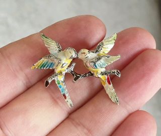Art Deco Vintage Jewellery Enamel Marcasite Love Birds Animal Silver Brooch Pin