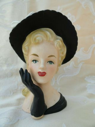 Vintage Head Vase Headvase 5 3/4 " High Relpo Large Black Hat Glove Beauty