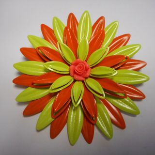 Wow Vintage Enamel Flower Pin / Brooch Orange And Green Fantastic
