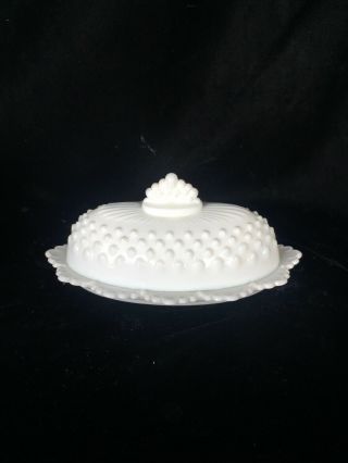 Vintage Fenton White Milk Glass Hobnail Oval Covered Butter Dish,  Crown Edge
