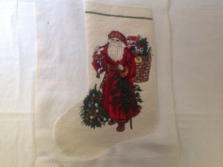 Christmas Stocking Needlepoint Wool Santa Vintage 18 " X11 1/2 "