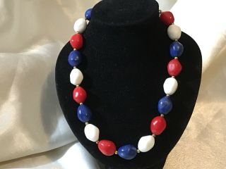Vintage Crown Trifari Vintage Necklace Beaded Red White Blue Molded Beads 13”,  2”