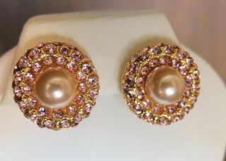 Vintage Joan Rivers Pink Swarovski Faux Pearl Gold Tone Clip On Earrings