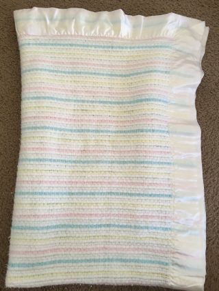 Vintage Chatham Waffle Weave Baby Blanket White W/pink,  Blue,  Yellow Stripes