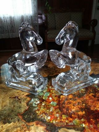 Vintage Pair L.  E.  Smith Glass Rearing Horse Bookends Clear
