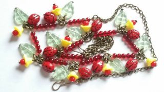 Czech Ladybird And Flower Glass Bead Necklace Vintage Deco Style