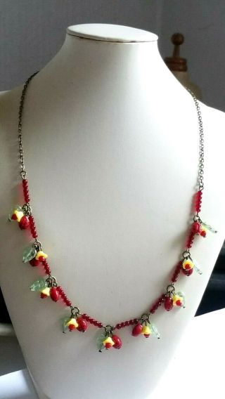 Czech Ladybird And Flower Glass Bead Necklace Vintage Deco Style 2