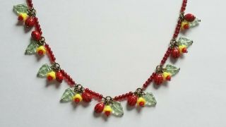 Czech Ladybird And Flower Glass Bead Necklace Vintage Deco Style 3