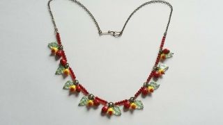 Czech Ladybird And Flower Glass Bead Necklace Vintage Deco Style 4