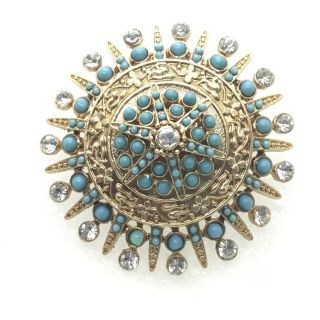 Vintage Star Flower Brooch Pin Clear Glass Rhinestone Faux Turquoise Beads