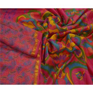 Sanskriti Vintage Pink Saree Printed 100 Pure Silk Zari Border Sari Craft 2