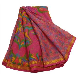 Sanskriti Vintage Pink Saree Printed 100 Pure Silk Zari Border Sari Craft 3