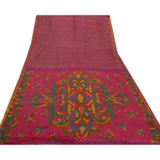 Sanskriti Vintage Pink Saree Printed 100 Pure Silk Zari Border Sari Craft 4