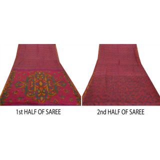 Sanskriti Vintage Pink Saree Printed 100 Pure Silk Zari Border Sari Craft 5