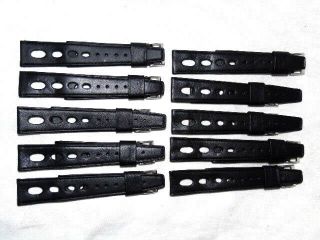 10 X Vintage Black Leather Stitched Racing Rally Watch Bands Nos 18mm