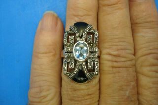 Vtg Sterling Silver Blue Topaz,  Onyx And Marcasite Art Deco Style Ring - - Sz 6.  5