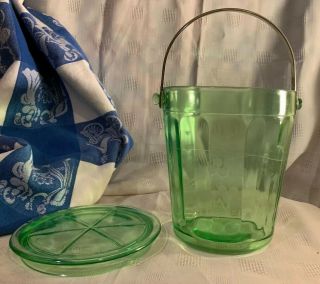 Vintage Etched,  Green Depression Glass,  Bucket With Metal,  Handle & Base