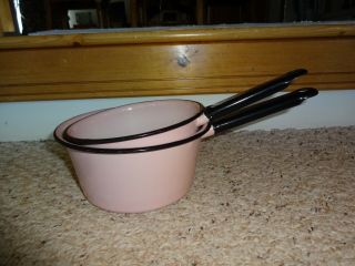 Vintage Pink Enamel Ware Sauce Pan 1 Qt.  & 1 1/2 Qt.  Gc Estate Find