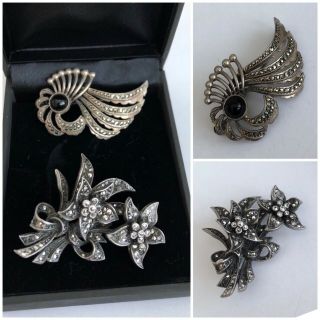 Vintage Art Deco Jewellery 925 Sterling Silver Marcasite Flower Brooches X2