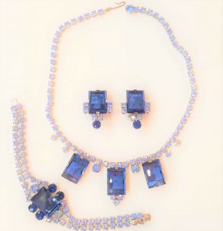 Vintage Blue Rhinestone 3 Pc Necklace Bracelet & Clip On Earrings Set Unmarked