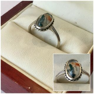 Vintage Art Deco Jewellery Fine Silver Moss Agate Cabochon Ring P