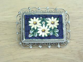 Italian Handcrafted Micro Mosaic Floral Brooch/ Pin 1 1/2 " Vintage