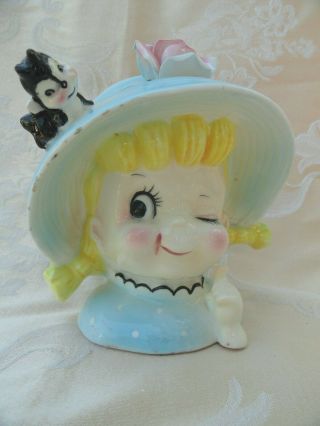 Vintage Head Vase Headvase 5 1/2 " High Winking Girl W/animal Large Blue Hat Rose