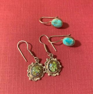 2 Sterling Silver Estate Vintage Southwest Green Foil Opal And Blue Earrings
