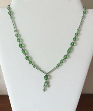 Vintage Art Deco Green Faceted Glass Drop & Silver Tone Necklace C1930 