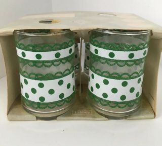 Old Stock Vintage Libbey Green Lace White Polka Dot 4oz Juice Glasses