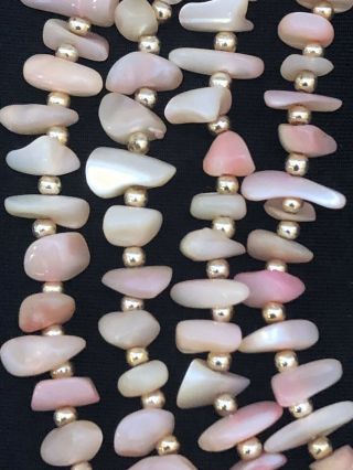 Vintage Pink Mother Of Pearl Shell Gold Bead Multi Strand Necklace Signed Japan