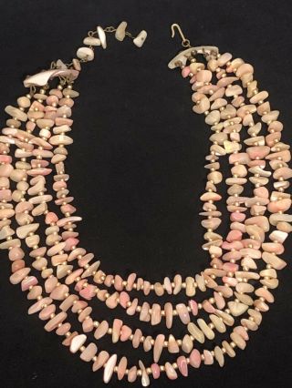 VINTAGE PINK MOTHER OF PEARL SHELL GOLD BEAD MULTI STRAND NECKLACE SIGNED JAPAN 2