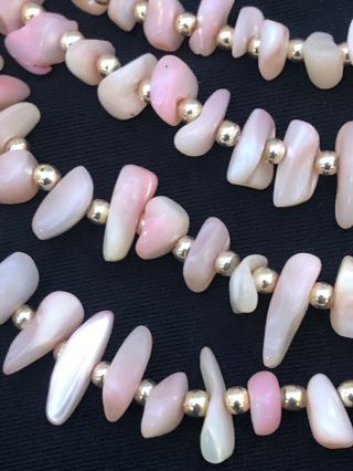 VINTAGE PINK MOTHER OF PEARL SHELL GOLD BEAD MULTI STRAND NECKLACE SIGNED JAPAN 3