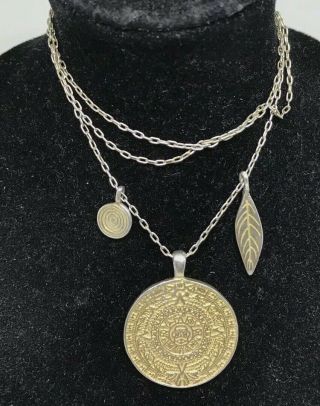 Vintage Sterling Silver Vermeil Mexico Aztec Calendar Pendant 19” Necklace