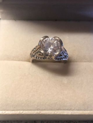 Vintage Sterling Silver Round Cubic Zirconia Ring Size 8 With Decorative Band