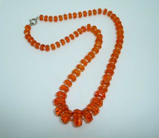Vintage Signed Art Deco Czech Vibrant Orange Facet Cut Crystal Bead Necklace