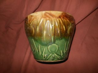 Vintage Mccoy Green Brown Glazed Pot Planter Moon Sun Pattern 5 " High Pottery