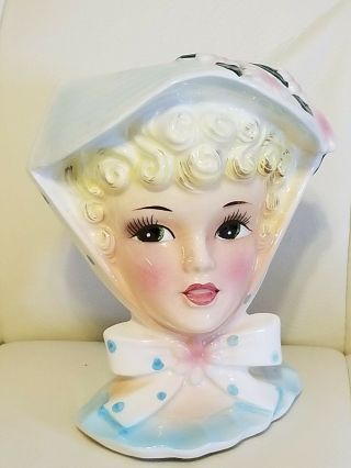 Vintage Head Vase Blonde Curls Floral Bonnet Collectible Lady