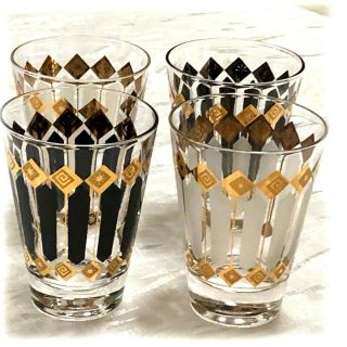 Vtg Mcm 4 Cocktail Glasses Black And White Stripes Gold Diamonds Atomic Barware