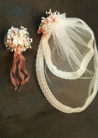 Dollhouse Miniature Artisan Made Vintage Bridal Veil And Bouquet For 1:12 Doll