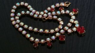 Czech Vintage Aurora Borealis And Ruby Red Rhinestone Necklace