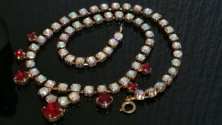 Czech Vintage Aurora Borealis And Ruby Red Rhinestone Necklace 3