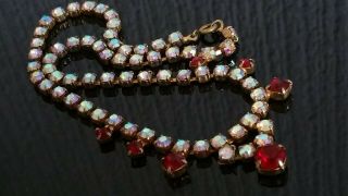 Czech Vintage Aurora Borealis And Ruby Red Rhinestone Necklace 4