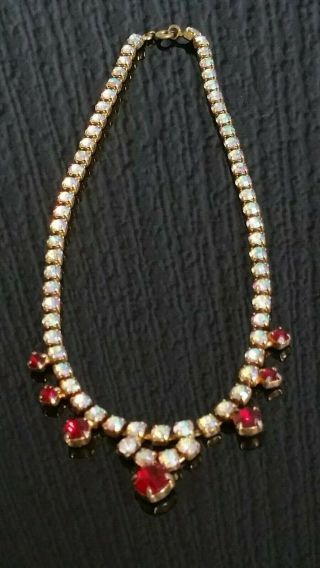 Czech Vintage Aurora Borealis And Ruby Red Rhinestone Necklace 5