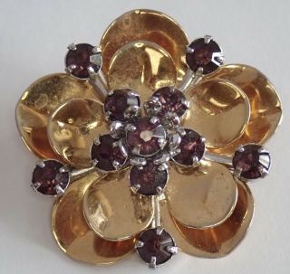 Vintage Barclay Gold Plate Amethyst Purple Rhinestone Flower Brooch