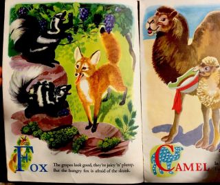 AT THE ZOO 1940 ' s Children ' s Linen Story Picture Book Animals Lithographs 3